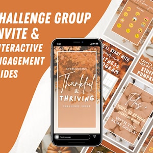 May include: A phone screen displaying a social media post for a "Thankful & Thriving" challenge group. The post features a fall-themed background with the text "Introducing Thankful & Thriving Challenge Group".