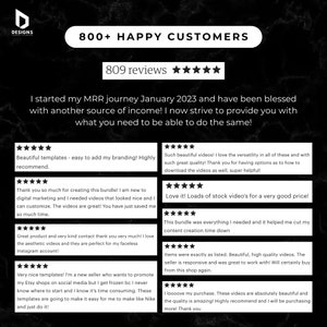 May include: A black and white image with the text "800+ Happy Customers" and "809 reviews" with five stars. The image also includes several customer testimonials about the quality of the products and the seller's responsiveness.