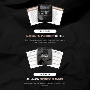 Op de afbeelding: Twee digitale productmockups op een zwarte achtergrond. De eerste mockup is een 29-pagina's tellende gids met de titel "500 digitale producten om te verkopen" met de tagline "500 digitale productidee&euml;n die je kunt gebruiken om je bedrijf te starten". De tweede mockup is een 79-pagina's tellende gids met de titel "All-in-One Business Planner" met de tagline "Alles wat je nodig hebt op &eacute;&eacute;n plek om je bedrijf te plannen".