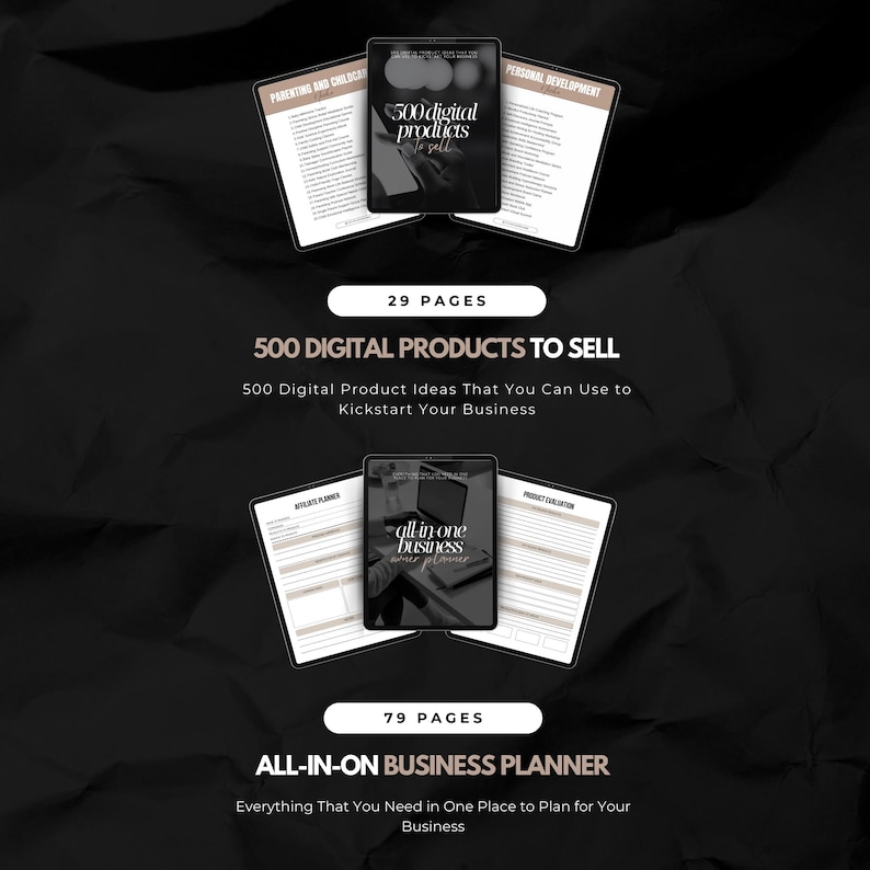 Op de afbeelding: Twee digitale productmockups op een zwarte achtergrond. De eerste mockup is een 29-pagina's tellende gids met de titel "500 digitale producten om te verkopen" met de tagline "500 digitale productidee&euml;n die je kunt gebruiken om je bedrijf te starten". De tweede mockup is een 79-pagina's tellende gids met de titel "All-in-One Business Planner" met de tagline "Alles wat je nodig hebt op &eacute;&eacute;n plek om je bedrijf te plannen".