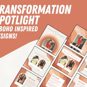 May include: A promotional graphic with the text "TRANSFORMATION SPOTLIGHT" and "3 BOHO INSPIRED DESIGNS!". The image features multiple square designs with photos and text, including before and after images and the words "HER STORY."