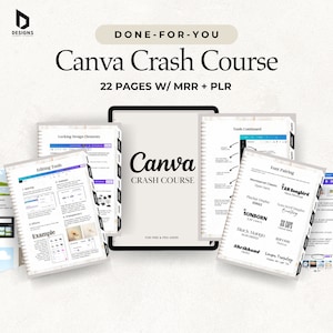 May include: A digital course on Canva, a graphic design platform. The course is titled "Canva Crash Course" and includes 22 pages of content. The course is designed for both free and pro users. The course covers topics such as editing tools, locking design elements, font pairing, and tools continued.