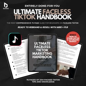 Pode incluir: Um manual de marketing digital em preto e branco com o título "Ultimate Faceless TikTok Marketing Handbook" e o subtítulo "Como ganhar dinheiro no TikTok sem mostrar seu rosto". O manual está aberto em uma página com o cabeçalho "O que esperar".