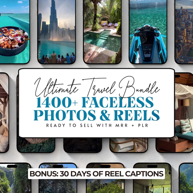 May include: A collage of images showcasing travel destinations, including a pool, a city skyline, and a tropical beach. The text "Ultimate Travel Bundle 1400+ FACELESS PHOTOS & REELS READY TO SELL WITH MRR + PLR BONUS: 30 DAYS OF REEL CAPTIONS" is displayed on a white background.