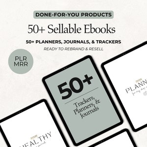 May include: A digital product mockup showing 50+ sellable ebooks, planners, journals, and trackers. The text "50+ Trackers, Planners, & Journals" is displayed on a tablet screen. The text "PLR MRR" is displayed in a circle on the left side of the image.