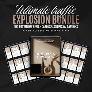 May include: A digital product bundle with 100 proven DIY reels and carousel scripts with captions. The product is ready to sell with MRR and PLR. The image shows a tablet screen displaying a mockup of the product.