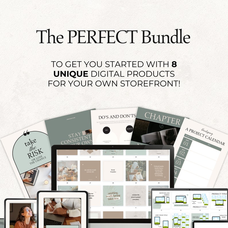 May include: A digital product bundle for online businesses, featuring eight unique products. The bundle includes a project calendar, a do's and don'ts list, a chapter template, social media templates, and more. The text "The PERFECT Bundle" is at the top of the image.