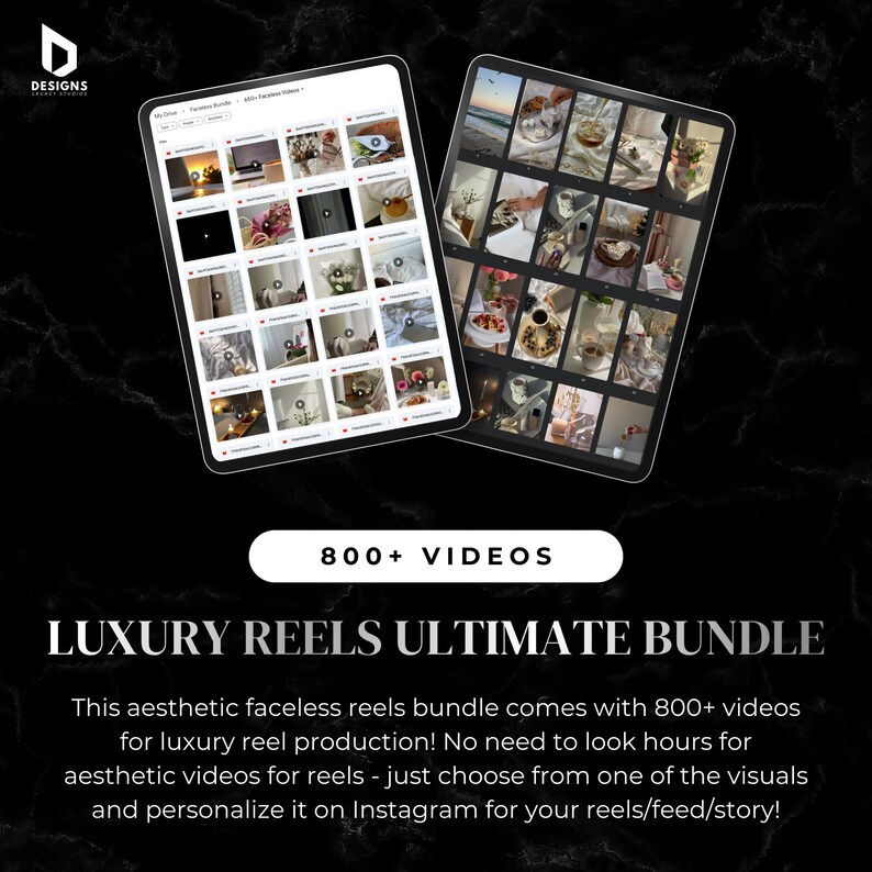 May include: A screenshot of a computer screen showing a collection of 800+ aesthetic videos for social media. The text "Luxury Reels Ultimate Bundle" is displayed in large white letters on a black background.