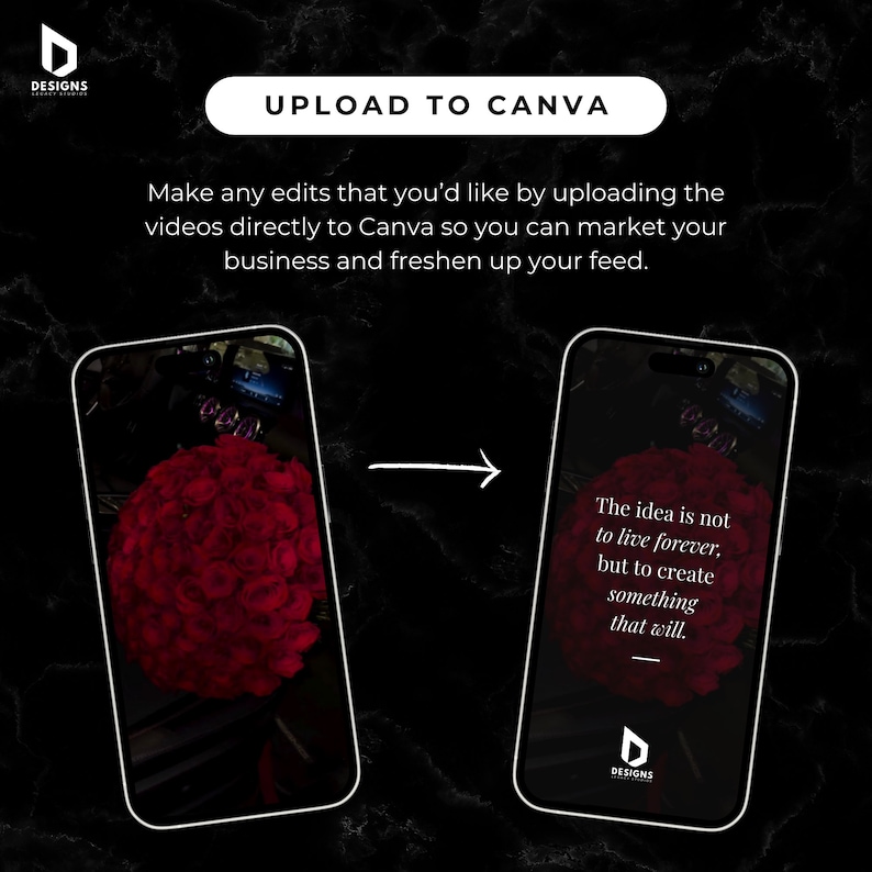 May include: A phone screen displaying a quote about creating something that will last. The quote reads "The idea is not to live forever, but to create something that will." The phone is on a black background with a white arrow pointing to the right.