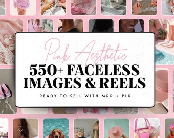 May include: A collage of images in pink tones featuring various scenes, including a pink ice cream cone, a pink drink, a pink flamingo pool float, and a pink handbag. The text "Pink Aesthetic 550+ Faceless Images & Reels Ready to Sell with MRR + PLR" is displayed in the center of the collage.