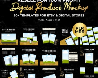 Plantillas de maquetas de productos digitales MRR Más de 50 listados de Etsy Paquete completo de tienda de productos digitales PLR
