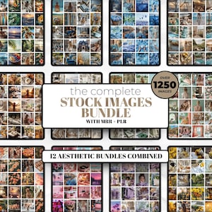 Könnte beinhalten: Ein digitales Produktpaket mit über 1250 Stockbildern, organisiert in 12 ästhetischen Sammlungen. Die Bilder werden auf Tablets angezeigt und zeigen eine Vielzahl von Themen und Stilen. Der Text lautet "the complete STOCK IMAGES BUNDLE".