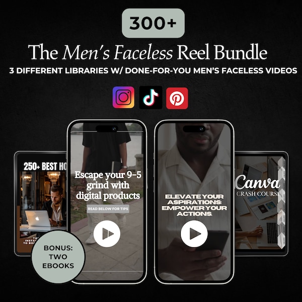 300+ Men's Faceless Reel Bundle with Master Resell Rights (MRR) and Private Label Rights (PLR) - A DFY Digital Marketing Product for Socials