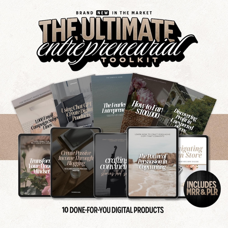 May include: A collection of 10 digital products for entrepreneurs, including guides on email marketing, chat GPT, passive income, copywriting, and more. The products are presented as digital downloads and include MRR & PLR.