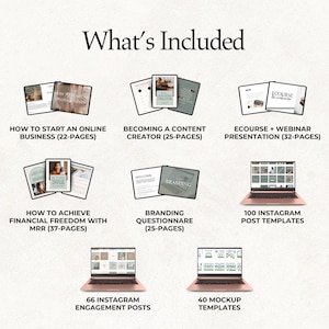 May include: A digital product bundle for online business owners, including guides on starting an online business, becoming a content creator, achieving financial freedom with MRR, branding questionnaires, and Instagram post templates. The bundle also includes 100 Instagram post templates, 66 Instagram engagement posts, and 40 mockup templates.