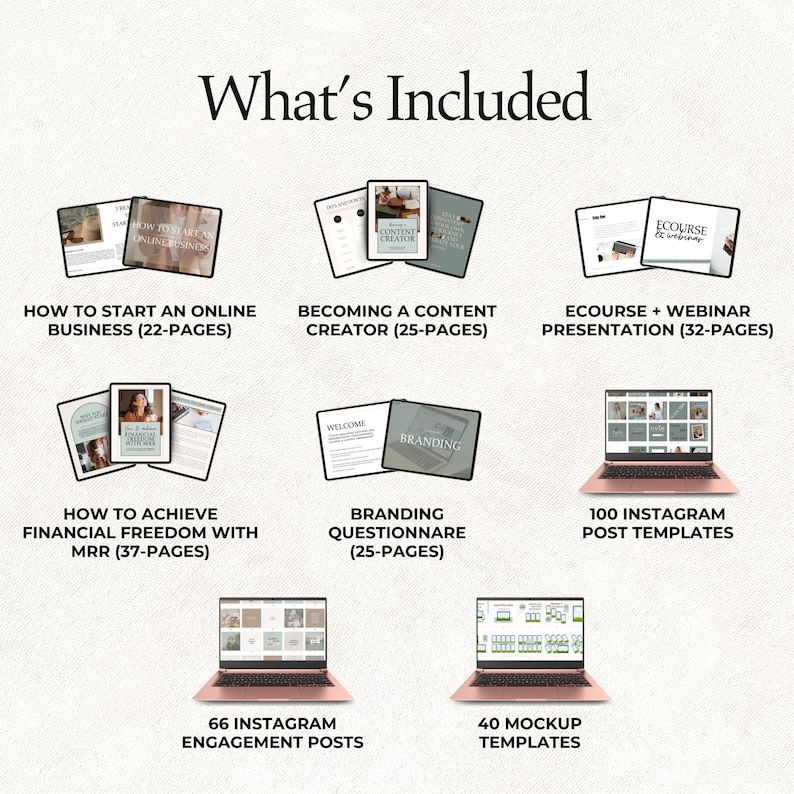 May include: A digital product bundle for online business owners, including guides on starting an online business, becoming a content creator, achieving financial freedom with MRR, branding questionnaires, and Instagram post templates. The bundle also includes 100 Instagram post templates, 66 Instagram engagement posts, and 40 mockup templates.