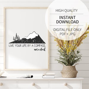 Live your life by a compass not a clock,  adventure travel quote in black and white for Instant Download