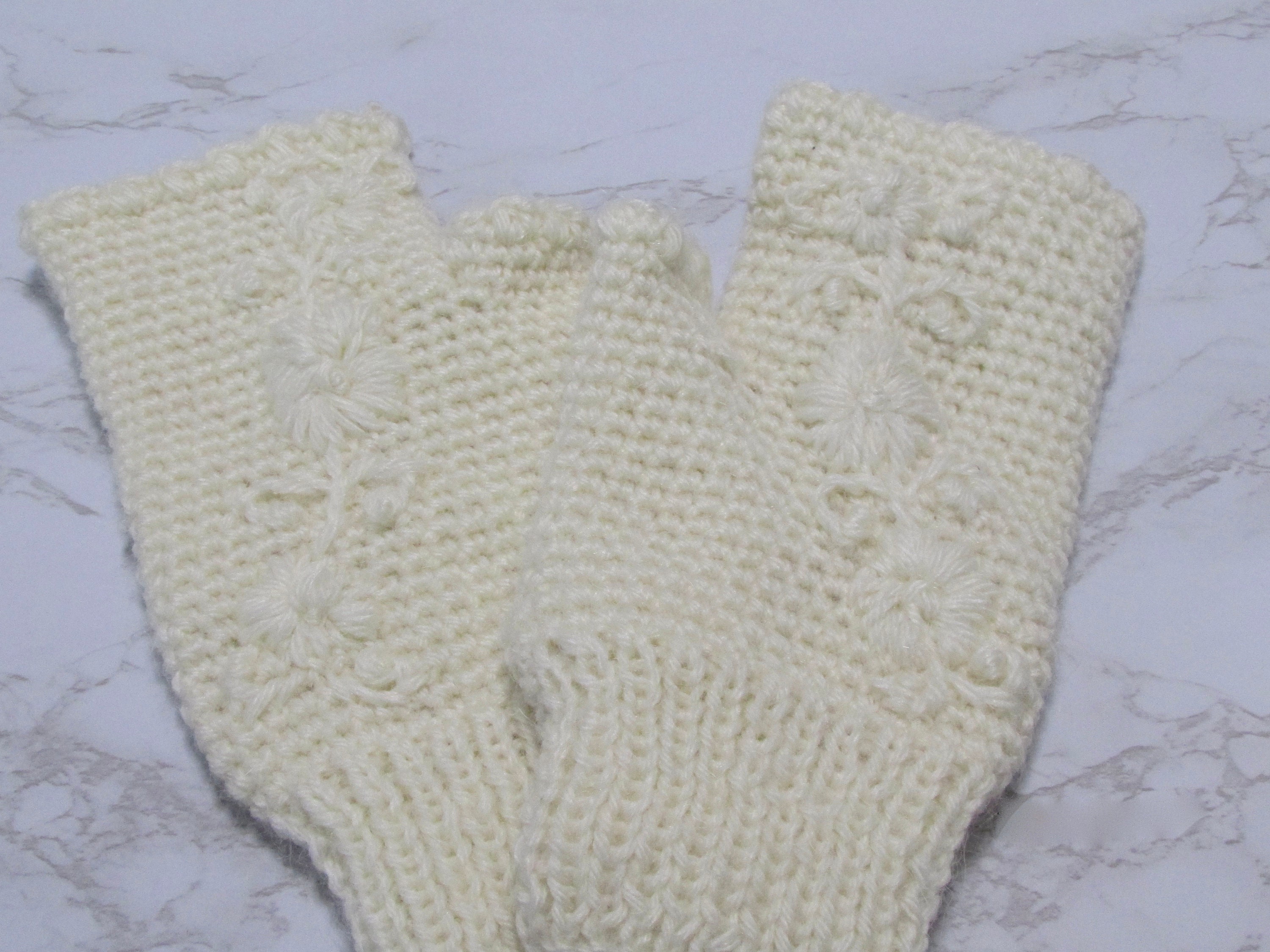 Cream Hand Knitted and Embroidered Fingerless Mittens Etsy