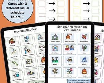 Op de afbeelding: Digitale schema kaarten met 39 kaarten en drie kleuropties. De kaarten zijn voor ochtend-, school-/thuisschool- en middag-/avondroutines. Elke kaart heeft een illustratie en tekst. De tekst op de afbeelding luidt: "39 Schema kaarten met 3 verschillende visuele schema kleuren!!!"