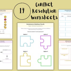 Op de afbeelding: Een verzameling van 19 werkbladen voor conflictoplossing. De werkbladen bevatten activiteiten zoals het begrijpen van gevoelens, het detecteren van triggers en het brainstormen over oplossingen. De pagina's bevatten gekleurde puzzelstukjes en invulsecties.
