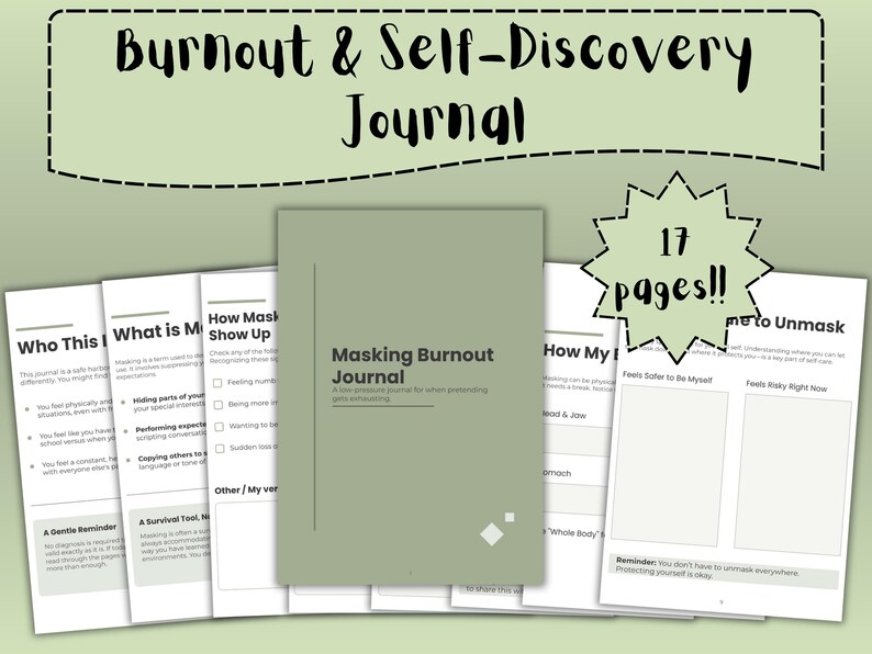Op de afbeelding: Een dagboek getiteld "Burnout & Self-Discovery Journal" met 17 pagina's. De omslag luidt "Masking Burnout Journal". Pagina's bevatten vragen als "Who This Is Me" en "How My Body Feels".