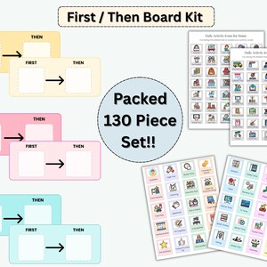 May include: A visual aid kit for children, featuring "First/Then" boards in yellow, pink, and blue, along with activity icon cards. The set includes 130 pieces, designed to help structure daily routines and activities.
