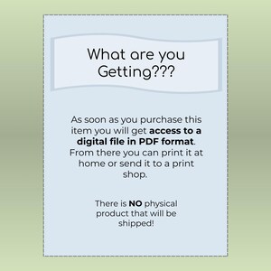 Op de afbeelding: Een lichtblauwe digitale download aankondiging met de tekst "What are you Getting???" en extra tekst die het digitale bestand in PDF-formaat uitlegt. De tekst vermeldt ook dat er geen fysiek product wordt verzonden.