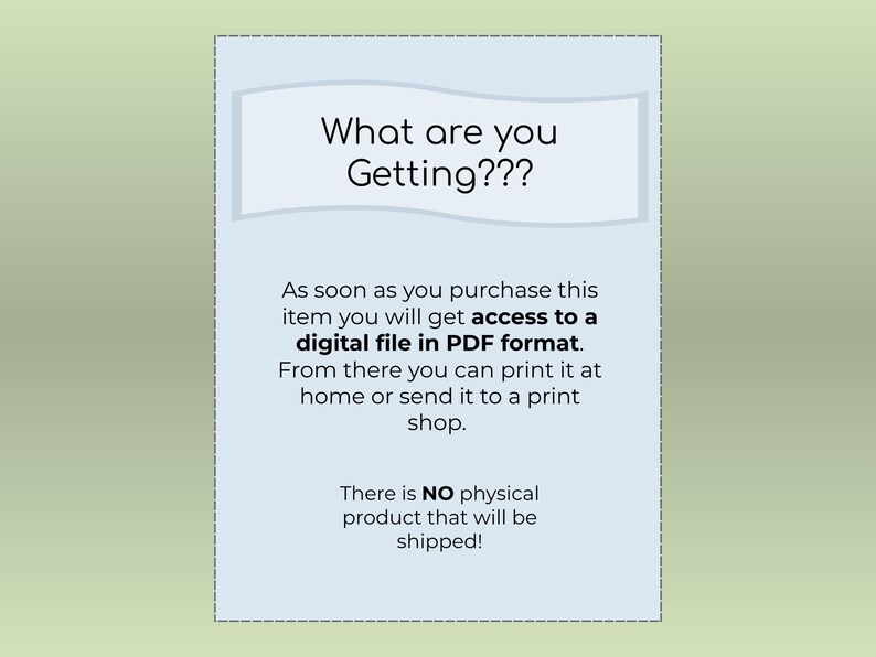 Op de afbeelding: Een lichtblauwe digitale download aankondiging met de tekst "What are you Getting???" en extra tekst die het digitale bestand in PDF-formaat uitlegt. De tekst vermeldt ook dat er geen fysiek product wordt verzonden.