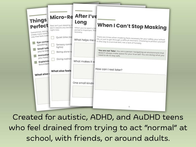 Op de afbeelding: Een stapel witte papieren pagina's met tekst en selectievakjes. De pagina's hebben titels als "Things Perfect" en "When I Can't Stop Masking". De tekst onderaan luidt: "Created for autistic, ADHD, and AuDHD teens."