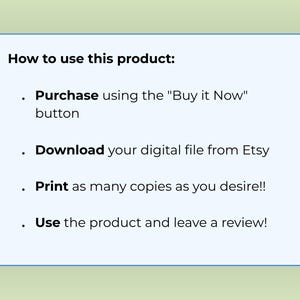 Op de afbeelding: Een afbeelding met een lichtblauwe rand op een lichtgroene achtergrond. De tekst legt uit hoe u het product kunt gebruiken: kopen, downloaden van Etsy, kopie&euml;n afdrukken, het product gebruiken en een recensie achterlaten.