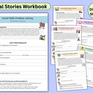 Może przedstawiać: Zeszyt ćwiczeń zatytułowany "Social Stories Workbook" z arkuszami "Social Skills Problem-Solving". Obrazek przedstawia kilka arkuszy z różnymi scenariuszami i pytaniami, które pomagają dzieciom w rozwijaniu umiejętności społecznych. Arkusze mają kolorowe ilustracje.