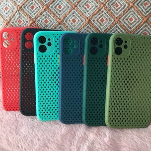 May include: Six different colored phone cases with a grid pattern. The cases are red, black, green, blue, and two shades of green.