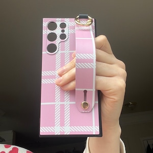 For samsung galaxy S23 ultra S22 ultra phone case with kickstand hand wrist strap key ring holder pink plaid
