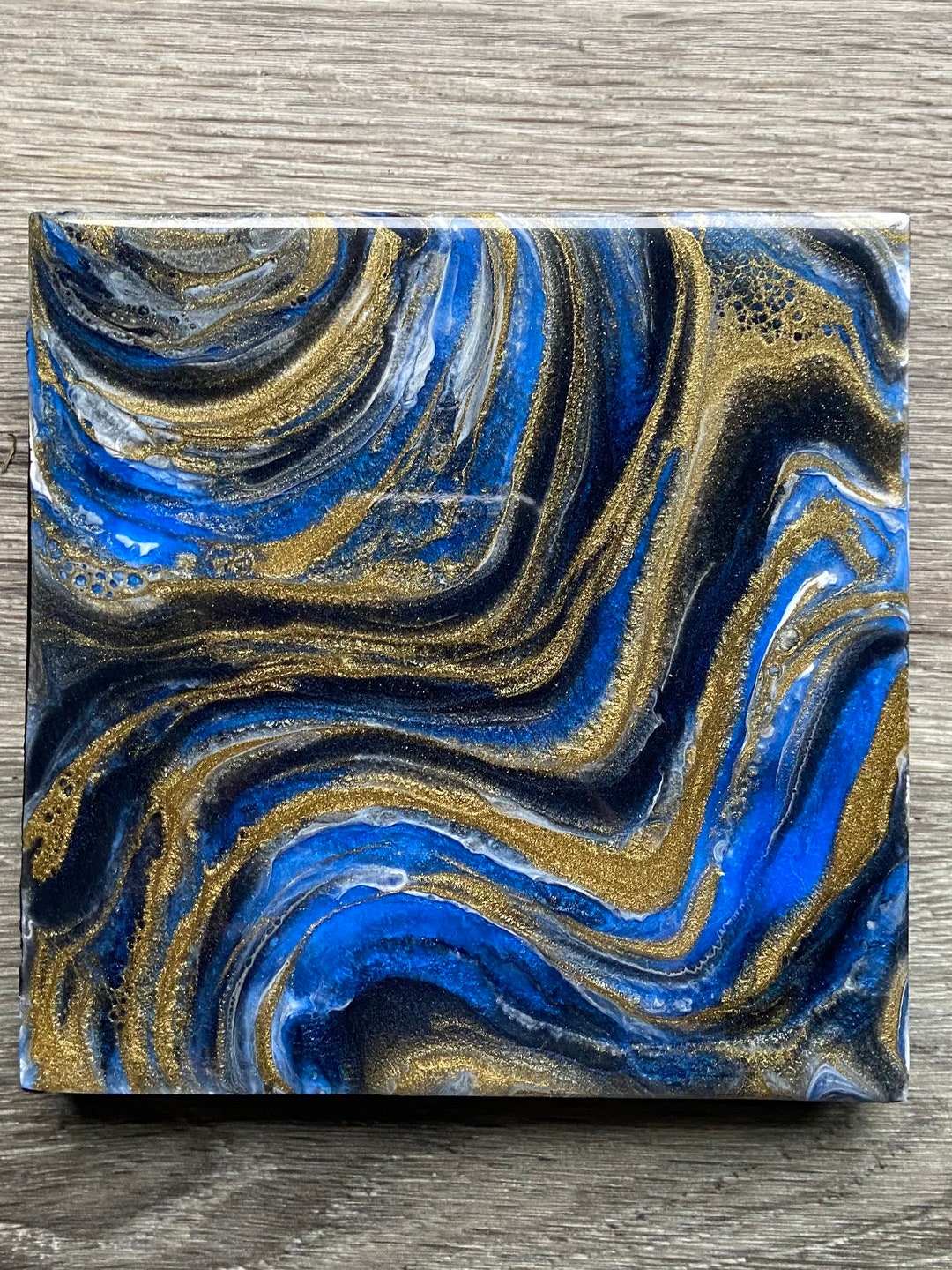 6 Blue and Gold Resin Wall Art, Epoxy Abstract Art Etsy