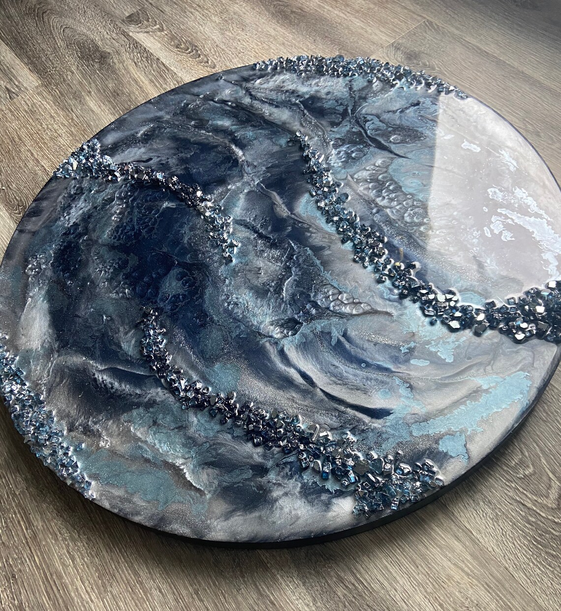 Large Round Abstract Blue Resin Wall Art Blue Epoxy Fluid Etsy
