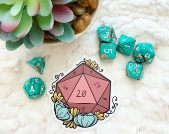 3 inch D20 Dungeons and Dragons Dice Floral Vinyl Sticker