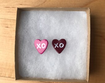 XO Heart Earrings/Pink Earrings/Valentines Day/Heart Jewelry/Clay Earrings/Polymer Clay Earrings/Handmade Earrings/Lightweight Earrings