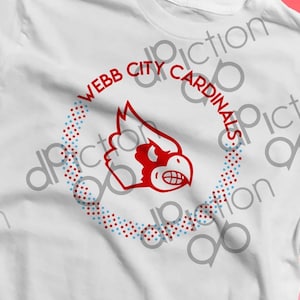 May include: White t-shirt with a red cardinal mascot graphic and the text "WEBB CITY CARDINALS" in a blue circle.