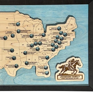 Horse Racing Bucket List Map | Wooden Racetrack Travel Tracker | Framed Gift for Horse Racing Fans & Bettors Vintage Aqua