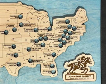 Horse Racing Bucket List Map | Wooden Racetrack Travel Tracker | Framed Gift for Horse Racing Fans & Bettors