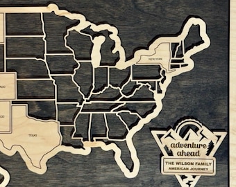 US States Travel Map Tracker with Name Plate | Wooden State Travel Map | Personalized Travel Gift | States Visited Map Wall Art