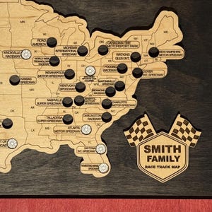 Raceways Bucket List Map | Race Track Display for Motorsports Fans | Personalized Racing Tracker Gift | Handcrafted Wooden Travel Map USA