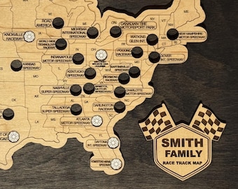 Raceways Bucket List Map | Race Track Display for Motorsports Fans | Personalized Racing Tracker Gift | Handcrafted Wooden Travel Map USA