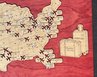 USA Airport Bucket List Map – Wooden Travel Tracker with Plane Tokens | Adventure Gift for Travelers, Pilots, Collectors & Aviation Fans