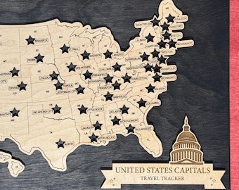 U.S. State Capitals Bucket List Map – Handcrafted Wooden Travel Tracker with Tokens – Geography Gift for Families, Teachers & Roadtrippers