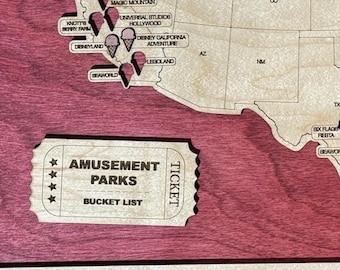 Theme Park Bucket List Map – Handcrafted Wooden Tracker with Tokens – Unique Amusement Park Gift for Travelers & Families