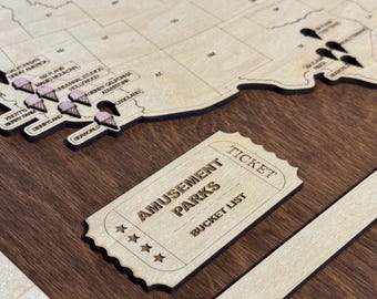 Large Amusement Park Bucket List Map – Oversized Wooden Theme Park Tracker | Family Travel Gift & Adventure Wall Art for Park Lovers