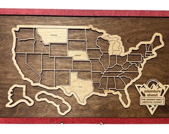 Large United States Travel Map Tracker with Name Plate | Wooden State Travel Map | Personalized Travel Gift | US States Visited Map Wall Art