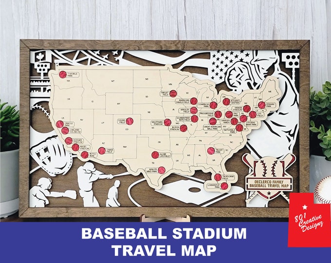 Professional Baseball Stadium Travel Map, Shelf Wall Decor Gift, USA, Wedding Present, Anniversary Gift, Family Memories