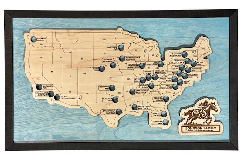 Horse Racing Bucket List Map | Wooden Racetrack Travel Tracker | Framed Gift for Horse Racing Fans & Bettors Vintage Aqua